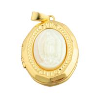 Pingentes de Medalhão de bronze, cobre, with concha branca, cromado de cor dourada, joias de moda & DIY, cores misturadas, níquel, chumbo e cádmio livre, 24x16x5mm, vendido por PC