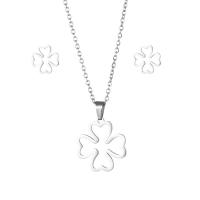 Fashion Stainless Steel Jewelry Sets Stud Earring & necklace 304 Stainless Steel Four Leaf Clover 2 pieces & fashion jewelry & for woman silver color Length Approx 17.72 Inch Sold By Set