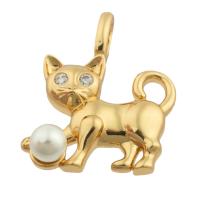 Rhinestone Brass Vedhæng, Messing, med Plastic Pearl, Cat, guldfarve belagt, mode smykker & du kan DIY & med rhinestone, blandede farver, nikkel, bly & cadmium fri, 20x17x5mm, Solgt af PC
