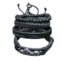 PU Leather Bracelet Set, with Cowhide & Wood & Zinc Alloy, Motorcycle, plated, fashion jewelry & multilayer & for man, black, Inner Diameter:Approx 60mm, Sold By Set