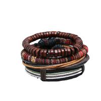 Leather Cord Bracelet with Cloth & Wood 4 pieces & multilayer & Unisex coffee color Inner Approx 60mm Sold By Set
