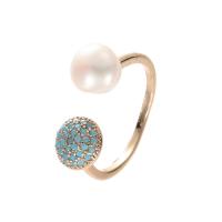 Cubic Zircon Brass Finger Ring with Cubic Zirconia & Freshwater Pearl Round gold color plated Adjustable & fashion jewelry & for woman mixed colors nickel lead & cadmium free 8mm Inner Approx 18mm Sold By PC