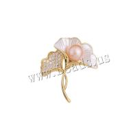 Freshwater Pearl Brooch Brass with Freshwater Pearl Ginkgo Leaf gold color plated fashion jewelry & micro pave cubic zirconia & for woman & enamel mixed colors nickel lead & cadmium free Sold By PC