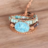 Fashion Turquoise Bracelets Natural Turquoise with leather cord & Brass & Zinc Alloy with 2cm extender chain Oval gold color plated Adjustable & multilayer & Unisex blue Length Approx 50 cm Sold By PC