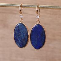 Natural Gemstone Earrings Lapis Lazuli with Brass & Iron Oval gold color plated vintage & for woman & with rhinestone blue 32-50mm Sold By Pair