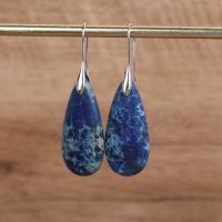 Natural Gemstone Earrings Impression Jasper with Iron Teardrop silver color plated fashion jewelry & for woman blue 32-50mm Sold By Pair