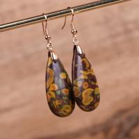 Natural Gemstone Earrings Impression Jasper with Iron Teardrop gold color plated fashion jewelry & dyed & for woman mixed colors 32-50mm Sold By Pair