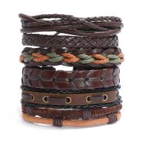 PU Leather Bracelet Set, with Linen & Cowhide & Wax Cord, 6 pieces & vintage & for man, Length Approx 6.7-7 Inch, Sold By Set