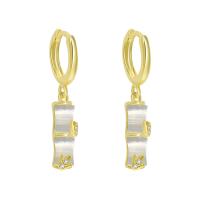 Brass Huggie Hoop Drop Earring with White Chalcedony Bamboo plated for woman & with rhinestone Sold By Pair