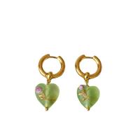Brass Huggie Hoop Earring with Lampwork Heart gold color plated fashion jewelry & for woman nickel lead & cadmium free 15mm Sold By Pair