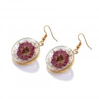 Resin Drop Earring with Dried Flower & Shell & Brass Round gold color plated for woman & epoxy gel Sold By Lot