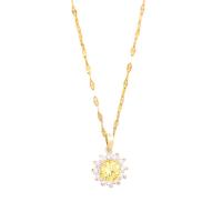 Titanium Steel Necklace with Crystal & Brass with 2inch extender chain Flower real gold plated wave chain & micro pave cubic zirconia & for woman Length Approx 15.7 Inch Sold By PC