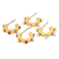 Stainless Steel Stud Earrings 304 Stainless Steel with Plastic Pearl 18K gold plated fashion jewelry & for woman & enamel golden Sold By Pair