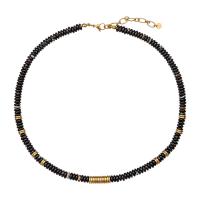 Zwarte Agaat Halsketting, met Titanium Staal, echt goud verguld, mode sieraden & voor vrouw, Lengte Ca 17.3-19.3 inch, Verkocht door PC