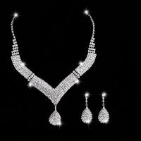 Rhinestone Jewelry Sets earring & necklace with brass claw chain Teardrop silver color plated 2 pieces & fashion jewelry & for woman clear 45mm Length Approx 47 cm Sold By Set