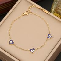 304 Stainless Steel Bracelet with 2inch extender chain Heart gold color plated evil eye pattern & for woman & enamel Length Approx 7 Inch Sold By PC
