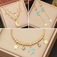 304 Stainless Steel Jewelry Set, with turquoise & Plastic Pearl, Moon and Star, gold color plated, different styles for choice & for woman & enamel, Sold By PC