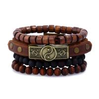 Cowhide Bracelet with Linen & Wood & Zinc Alloy handmade 4 pieces & fashion jewelry & Unisex brown 12mm Length 24 cm Sold By Set