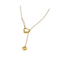 Přírodní Sladkovodní Pearl náhrdelník, Titanium ocel, s Sladkovodní Pearl, skutečný pozlacené, módní šperky & pro ženy, dvě různé barevné, Délka 48 cm, Prodáno By PC