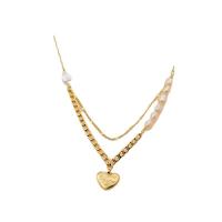 Přírodní Sladkovodní Pearl náhrdelník, Titanium ocel, s Sladkovodní Pearl, skutečný pozlacené, Dvojitá vrstva & módní šperky & pro ženy, zlatý, Délka 41 cm, Prodáno By PC