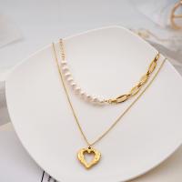 Přírodní Sladkovodní Pearl náhrdelník, Titanium ocel, s Sladkovodní Pearl, skutečný pozlacené, Dvojitá vrstva & módní šperky & pro ženy, zlatý, Délka 45 cm, Prodáno By PC