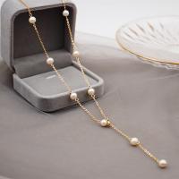 Přírodní Sladkovodní Pearl náhrdelník, Titanium ocel, s Sladkovodní Pearl, skutečný pozlacené, módní šperky & pro ženy, zlatý, Délka 49 cm, Prodáno By PC