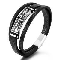 PU Leather Cord Bracelets with 316L Stainless Steel polished vintage & for man black 23mm Length 21 cm Sold By PC