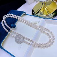 Slatkovodni biser džemper lančana ogrlica, Slatkovodni Pearl, s Slitina bakra, modni nakit & za žene & s Rhinestone, bijel, 7-8mm, Dužina Približno 105 cm, Prodano By PC