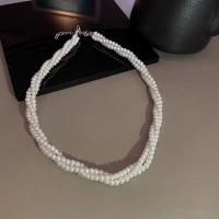 Plastic Pearl Necklace with Iron with 4cm extender chain Round silver color plated fashion jewelry & multilayer & for woman white Length Approx 44 cm Sold By PC