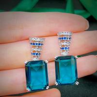 Brass Drop Earring Rectangle platinum color plated fashion jewelry & for woman & with rhinestone blue nickel lead & cadmium free Sold By Pair