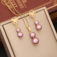 304 Stainless Steel Jewelry Set earring & necklace with Plastic Pearl gold color plated 2 pieces & for woman & hollow Length Approx 17.7 Inch Sold By PC