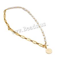 Přírodní Sladkovodní Pearl náhrdelník, Titanium ocel, s Sladkovodní Pearl, skutečný pozlacené, módní šperky & pro ženy, zlatý, Délka 42 cm, Prodáno By PC