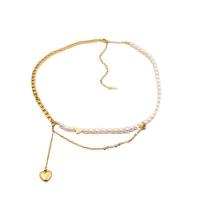 Přírodní Sladkovodní Pearl náhrdelník, Titanium ocel, s Sladkovodní Pearl, skutečný pozlacené, Dvojitá vrstva & módní šperky & pro ženy, zlatý, Prodáno za 49 cm Strand