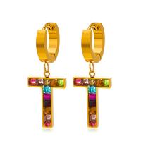 304 Stainless Steel Huggie Hoop Drop Earring Letter T gold color plated for woman & enamel & with rhinestone Sold By Pair