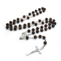 Rosary Necklace, Wood, with Tibetan Style, Cross, silver color plated, fashion jewelry & Unisex, brown, 8mm,13x43mm, Length:Approx 52 cm, Sold By PC