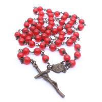 Rosary Necklace Glass Beads with Zinc Alloy Cross antique copper color plated fashion jewelry & Unisex red  Length Approx 88 cm Sold By PC