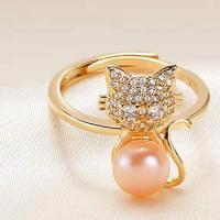 Sladkovodní Pearl prst prsten, Mosaz, s Sladkovodní Pearl, 14K pozlacené, Nastavitelný & módní šperky & pro ženy, dvě různé barevné, 7-8mm, Prodáno By PC