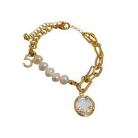 Freshwater Cultured Pearl Bracelet Zinc Alloy with Titanium Steel & Shell & Freshwater Pearl Vacuum Ion Plating fashion jewelry & for woman & with rhinestone Length 21.8 cm Sold By PC