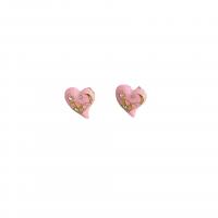 Zinc Alloy Stud Earring Heart plated micro pave rhinestone & for woman & enamel pink Sold By Pair