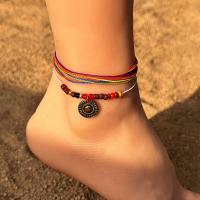 Zinc Alloy Anklet with Glass Beads & Wax Cord plated 2 pieces & fashion jewelry nickel lead & cadmium free Sold By Set