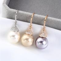South Sea Shell Earring Shell Pearl with Brass Round plated fashion jewelry & micro pave cubic zirconia & for woman Sold By Pair