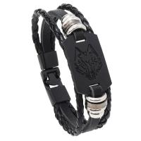 Przewód bransoletki PU, ze Plastik powlekany CCB & Stop cynku, Wilk, Ręcznie robione, styl punk & dla człowieka, czarny, długość 22 cm, sprzedane przez PC