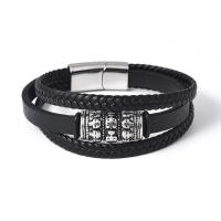 PU Leather Cord Bracelets with 304 Stainless Steel Skull Vacuum Ion Plating vintage & for man Length 21 cm Sold By PC