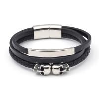PU Leather Cord Bracelets with 304 Stainless Steel Skull Vacuum Ion Plating vintage & for man Sold By PC
