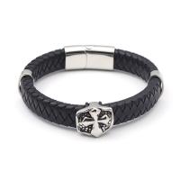 PU Leather Cord Bracelets with 304 Stainless Steel Cross polished vintage & for man black Sold By PC