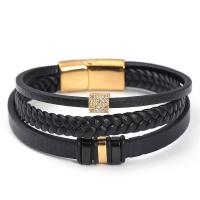 PU Leather Cord Bracelets with 304 Stainless Steel Vacuum Ion Plating vintage & micro pave cubic zirconia & for man Length 21 cm Sold By PC