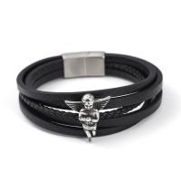PU Leather Cord Bracelets with 304 Stainless Steel Angel vintage & for man black Length 21 cm Sold By PC