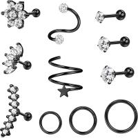 304 Stainless Steel Body Piercing Jewelry Set Vacuum Ion Plating eleven pieces & Unisex & micro pave cubic zirconia 1.2x6/8/10mm Sold By Set