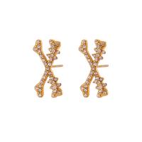 Stainless Steel Stud Earrings 304 Stainless Steel Letter X Vacuum Ion Plating fashion jewelry & for woman & with rhinestone golden Sold By Pair