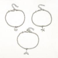 Zinc Alloy Anklet silver color plated three pieces & fashion jewelry & for woman & with rhinestone nickel lead & cadmium free Length Approx 8.07 Inch Sold By Set